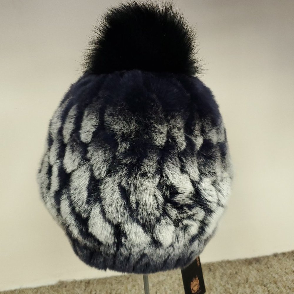 SALE Purple Knitted Rex Rabbit Fur Beanie with Fox Pom